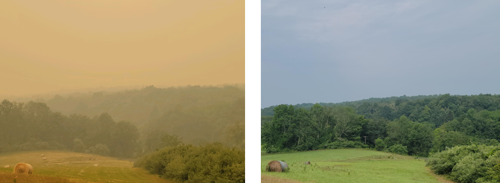 Two images showing air quality with and without wildfire smoke in Warren County, NJ. 