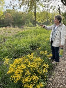 A woman pointing to a garden